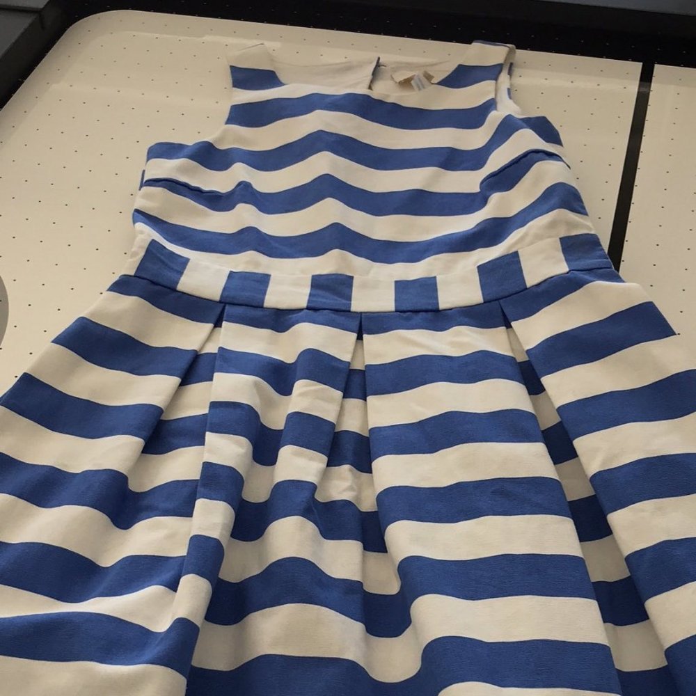 JACADI, GIRL, DRESS, SIZE 12, BLUE AND WHITE STRIPES - IMPECCABLE